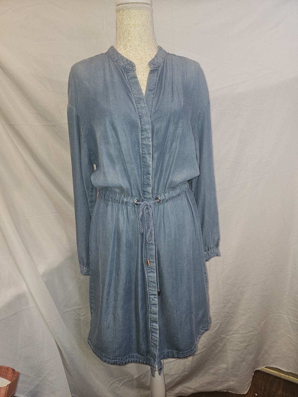 Light Blue Denim Shirt Dress with Drawstring Waist